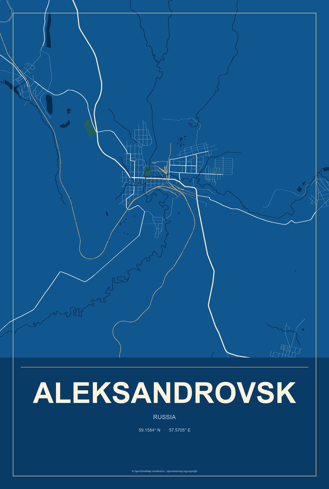 Aleksandrovsk, Russia City Map Aluminum Sign in Harbor Cobalt style