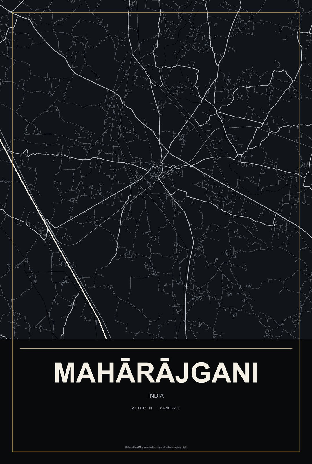 Mahārājgani, India City Map Aluminum Sign in Metropolitan Noir style