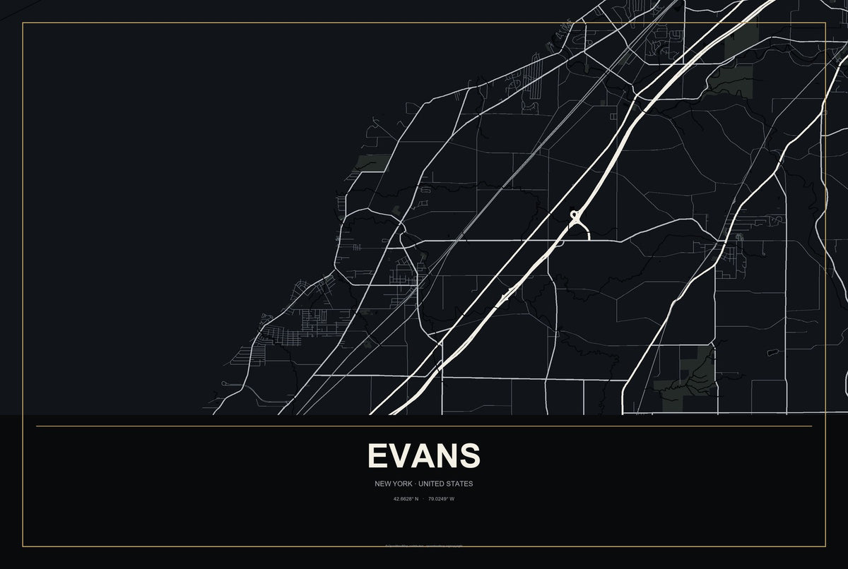 Evans, New York City Map Aluminum Sign in Metropolitan Noir style