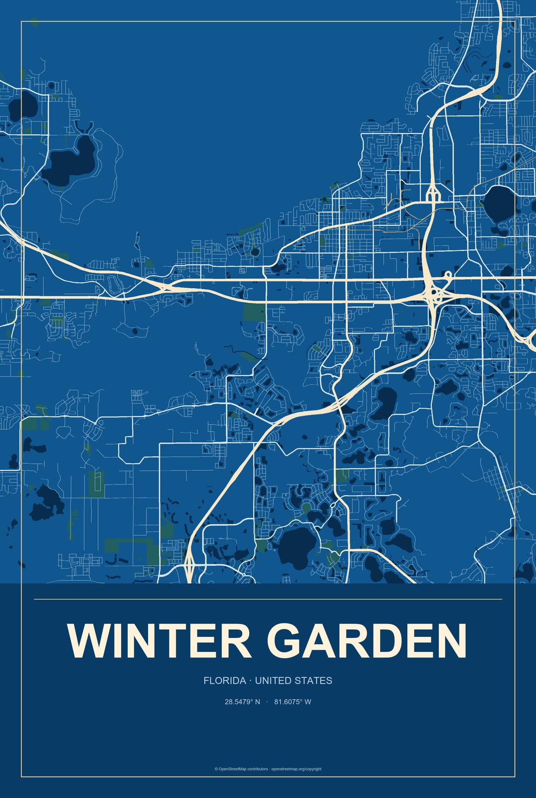 Winter Garden, Florida City Map Aluminum Sign in Harbor Cobalt style