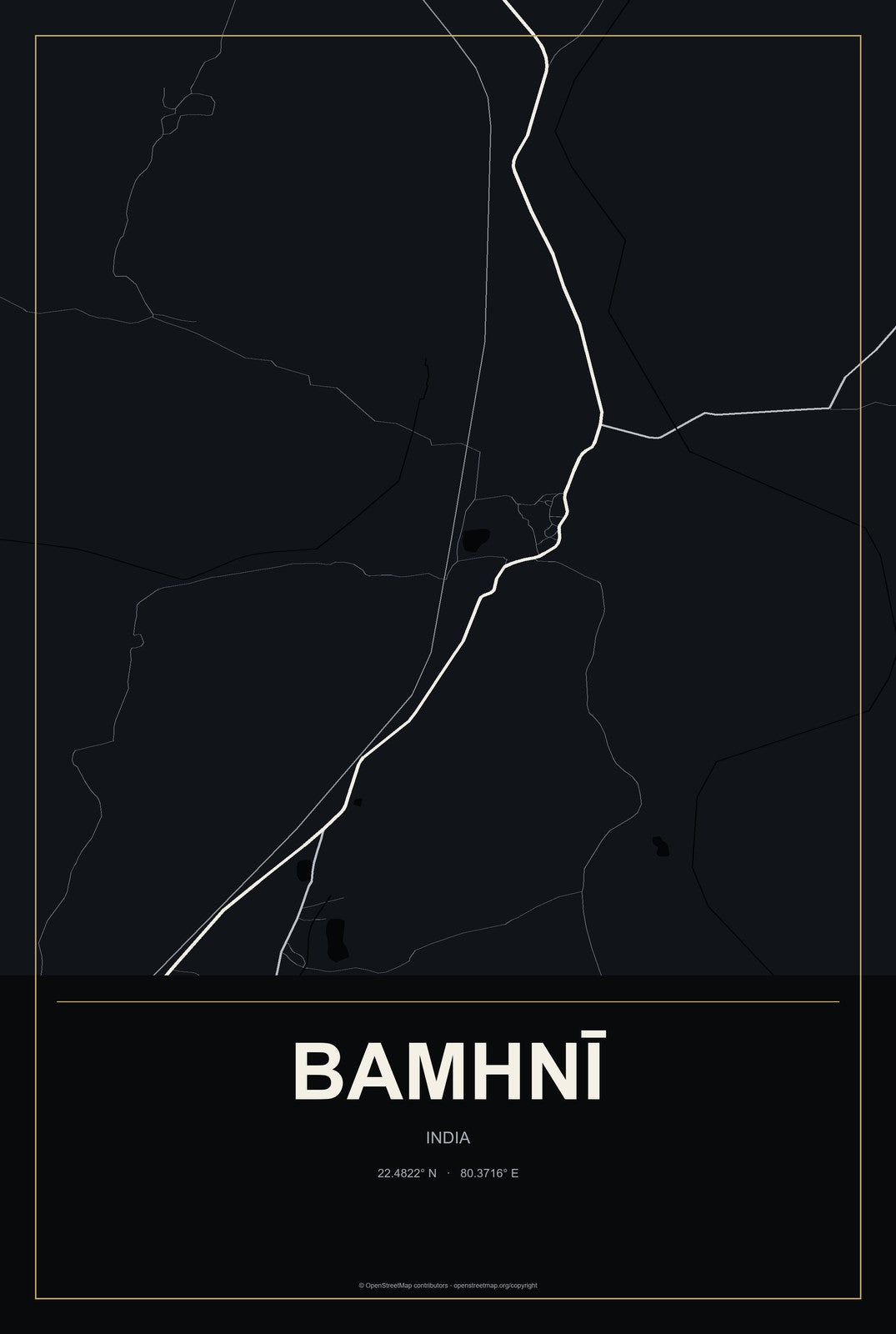 Bamhnī, India City Map Aluminum Sign in Metropolitan Noir style