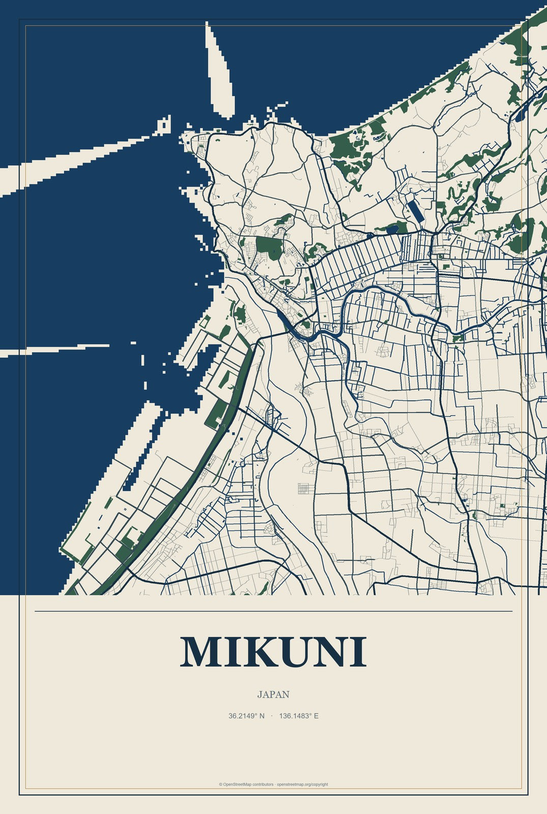 Mikuni, Japan City Map Aluminum Sign in Coastal Cutout style
