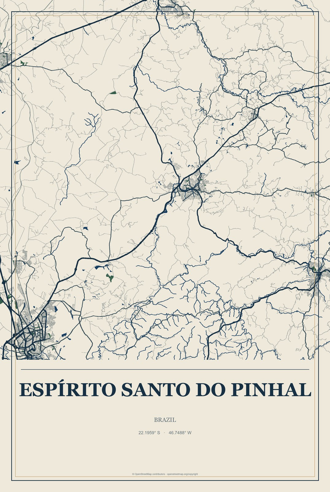 Espírito Santo do Pinhal, Brazil City Map Aluminum Sign in Coastal Cutout style