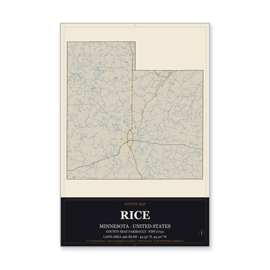 Rice County, Minnesota Map Aluminum Sign in Museum Plaque style