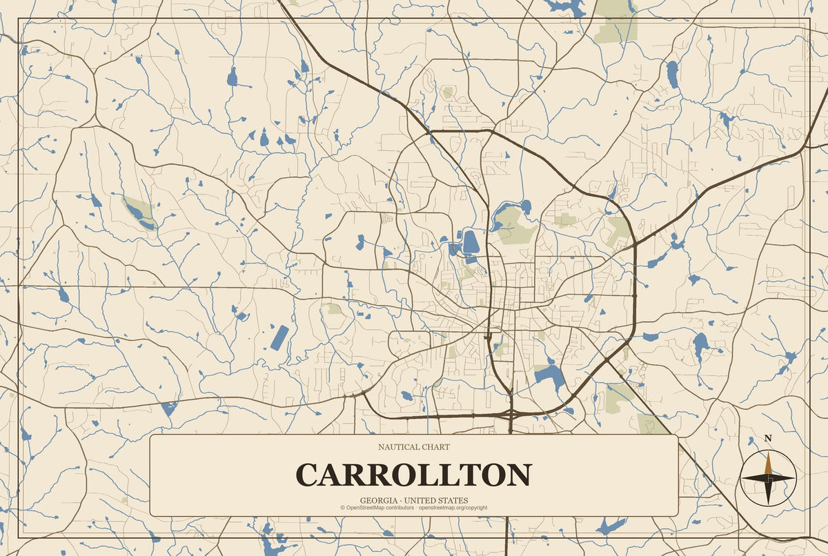 Carrollton, Georgia City Map Aluminum Sign in Heritage Nautical style