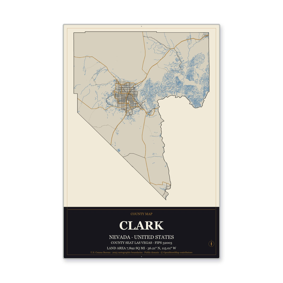 Clark County, Nevada Map Aluminum Sign in Museum Plaque style