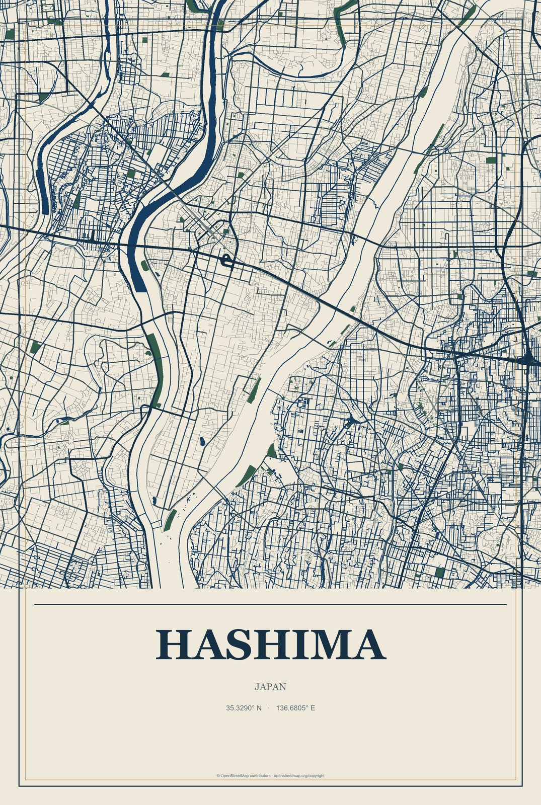 Hashima, Japan City Map Aluminum Sign in Coastal Cutout style