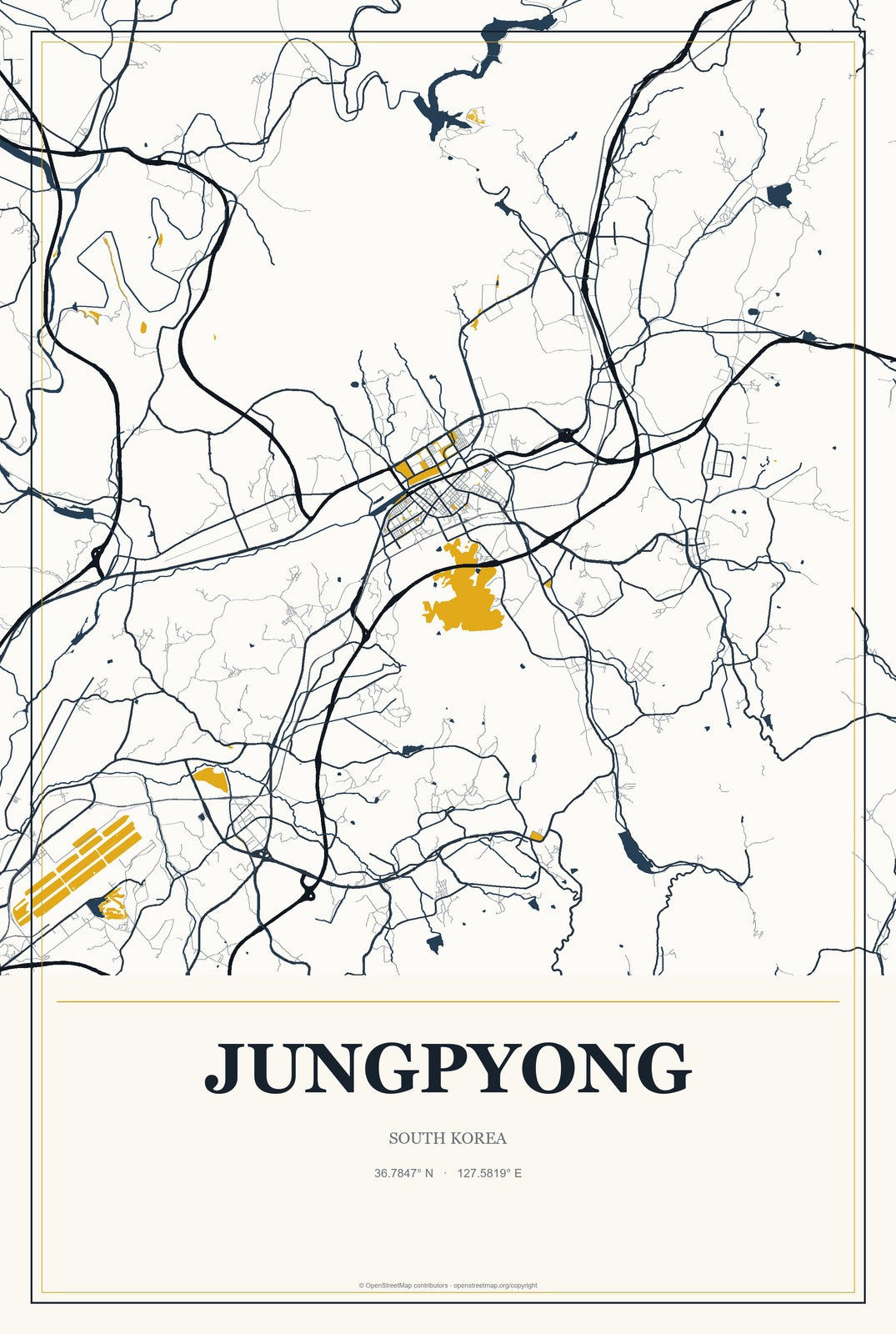 Jungpyong, South Korea City Map Aluminum Sign in Citrine Modern style