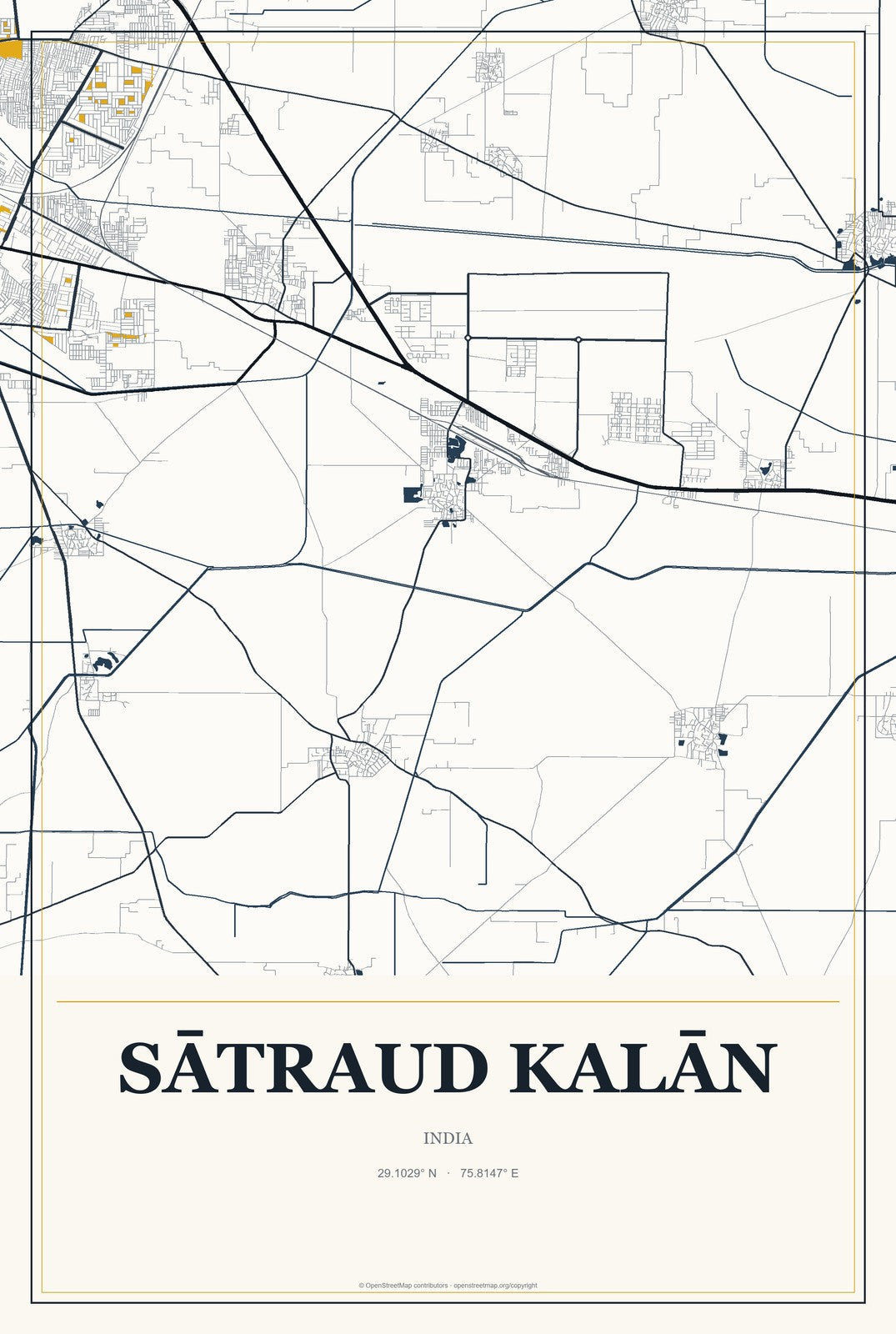 Sātraud Kalān, India City Map Aluminum Sign in Citrine Modern style