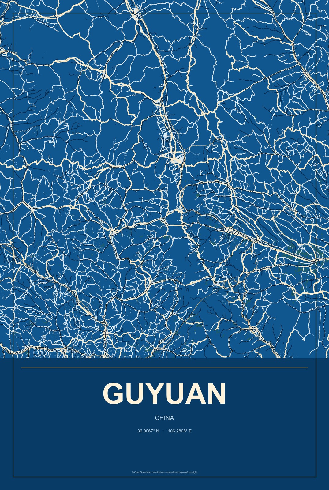 Guyuan, China City Map Aluminum Sign in Harbor Cobalt style