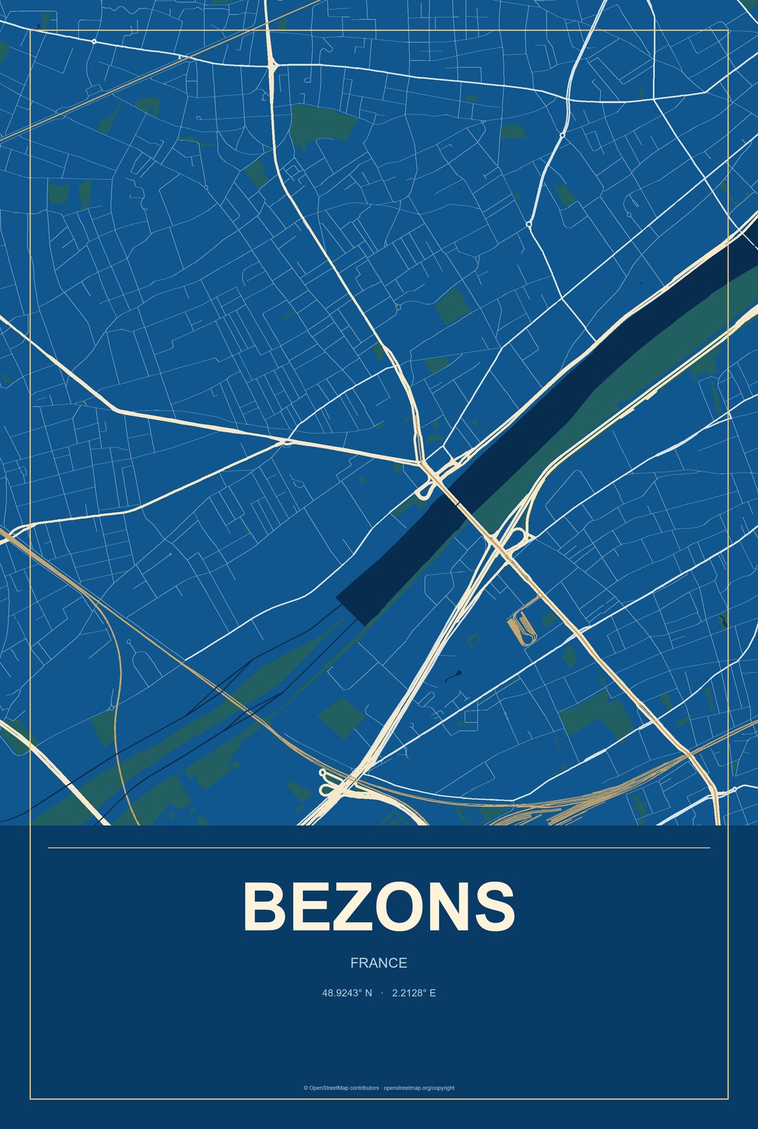 Bezons, France City Map Aluminum Sign in Harbor Cobalt style