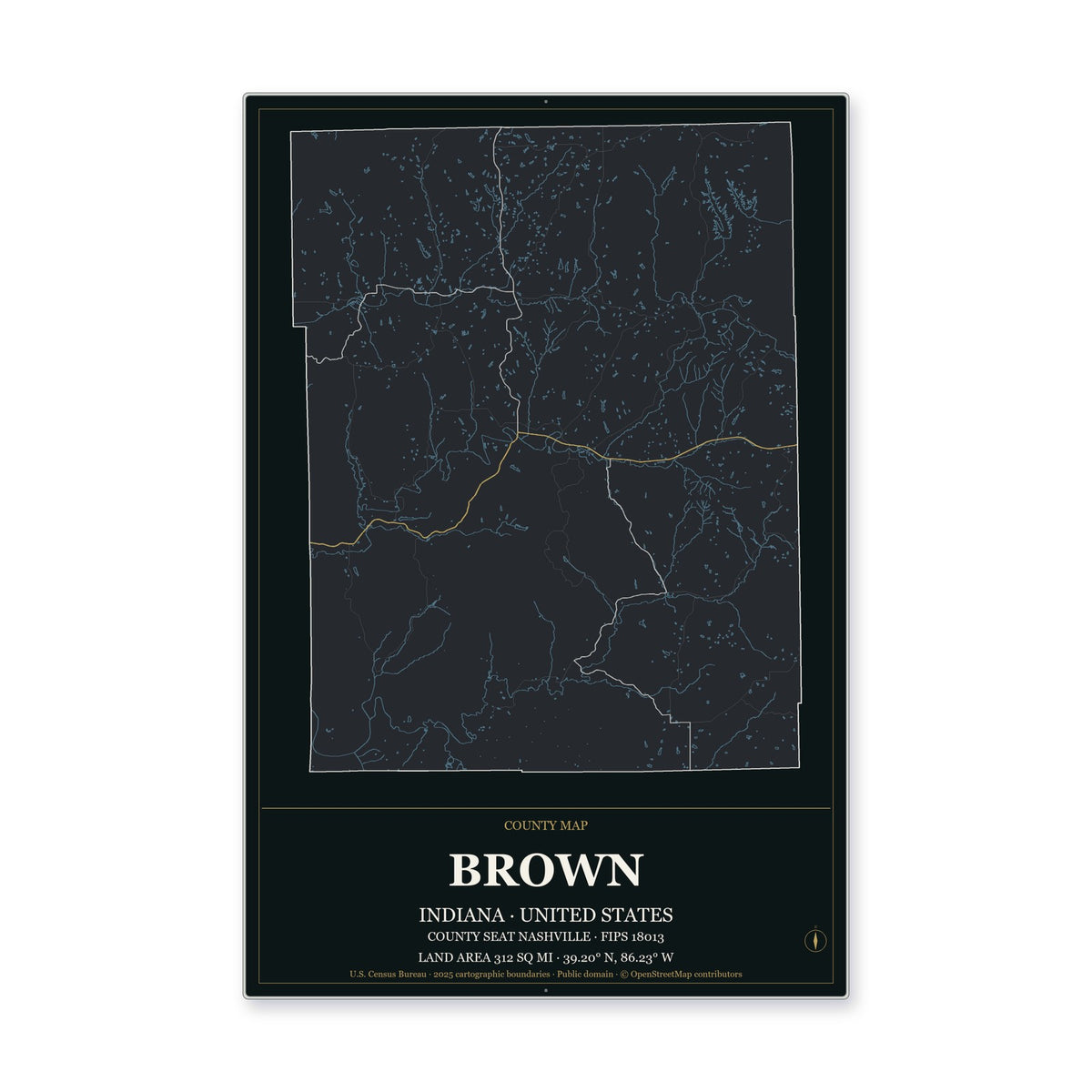 Brown County, Indiana Map Aluminum Sign in Metropolitan Noir style