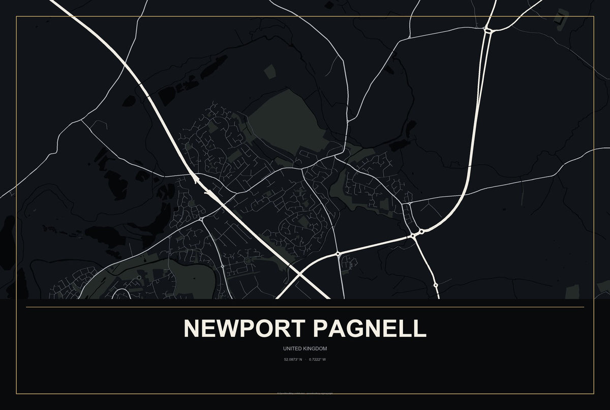 Newport Pagnell, United Kingdom City Map Aluminum Sign in Metropolitan Noir style
