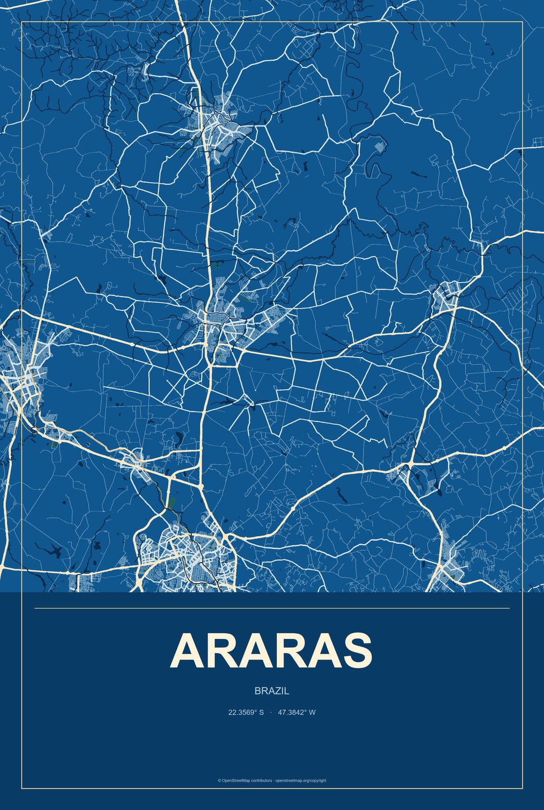Araras, Brazil City Map Aluminum Sign in Harbor Cobalt style