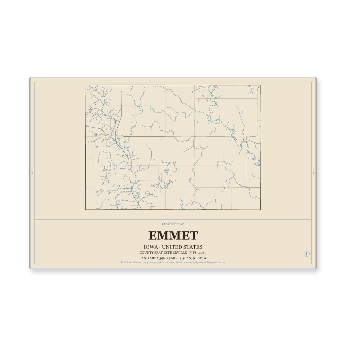 Emmet County, Iowa Map Aluminum Sign in Heritage Nautical style