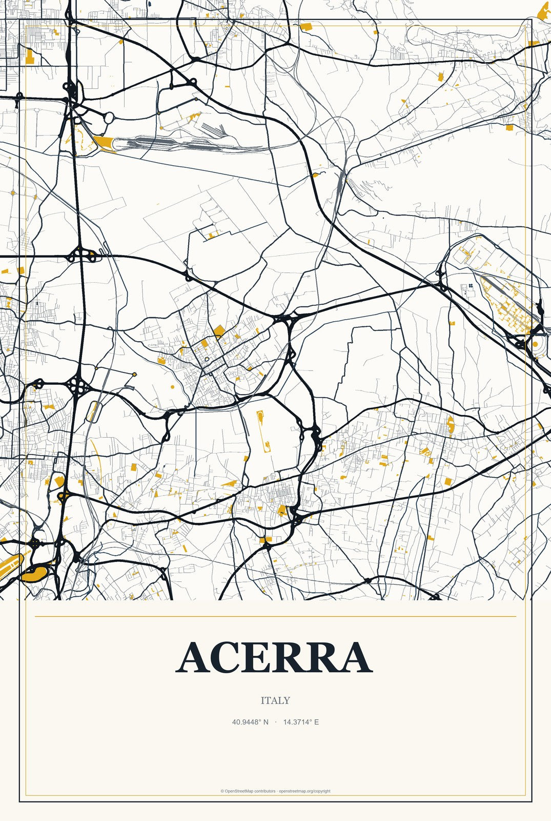 Acerra, Italy City Map Aluminum Sign in Citrine Modern style