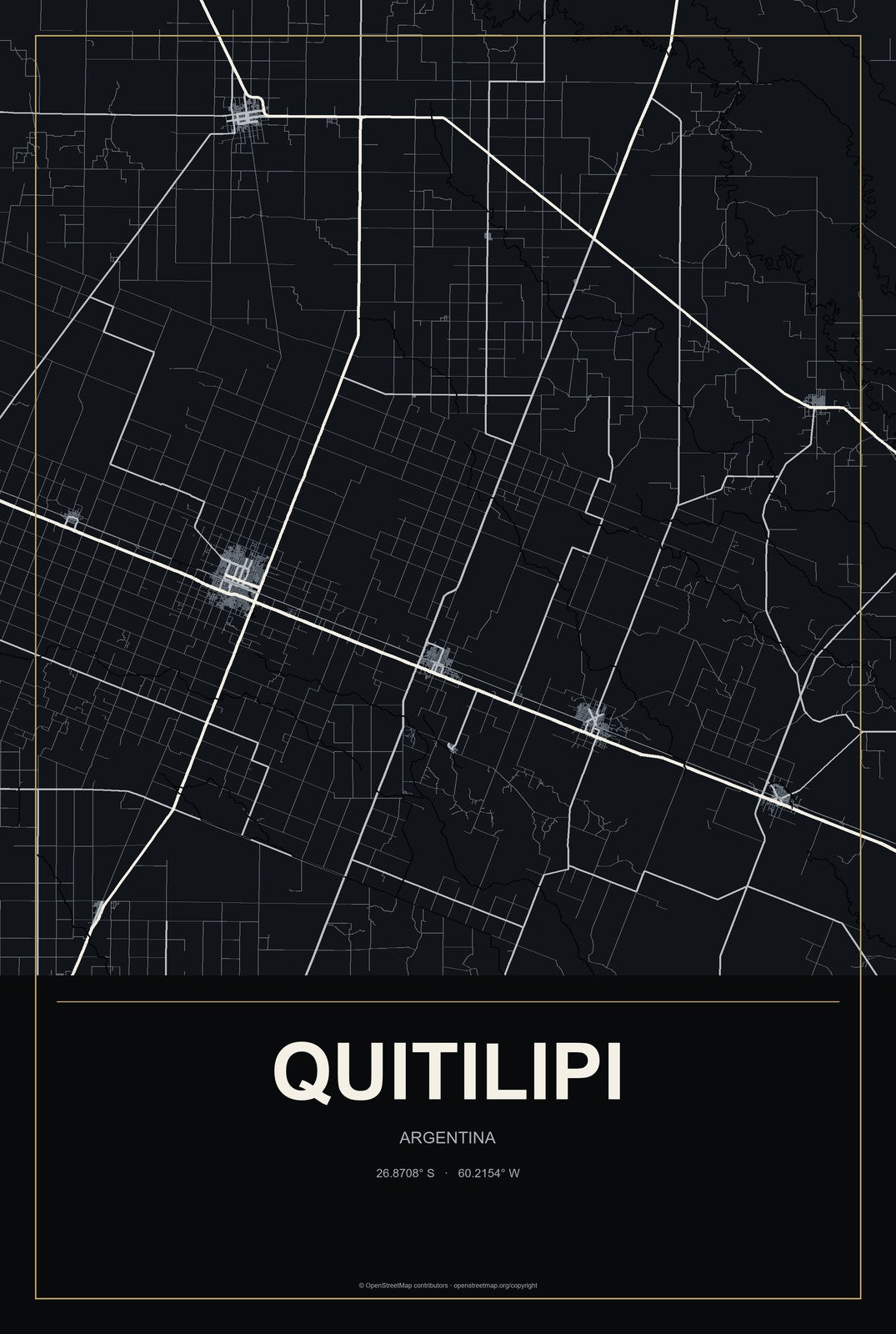 Quitilipi, Argentina City Map Aluminum Sign in Metropolitan Noir style
