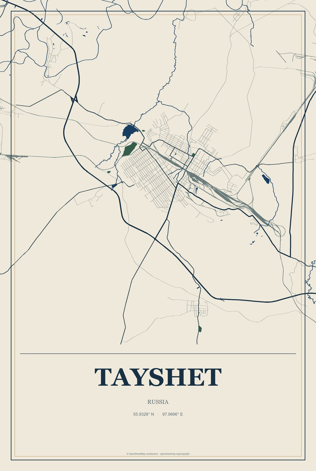 Tayshet, Russia City Map Aluminum Sign in Coastal Cutout style