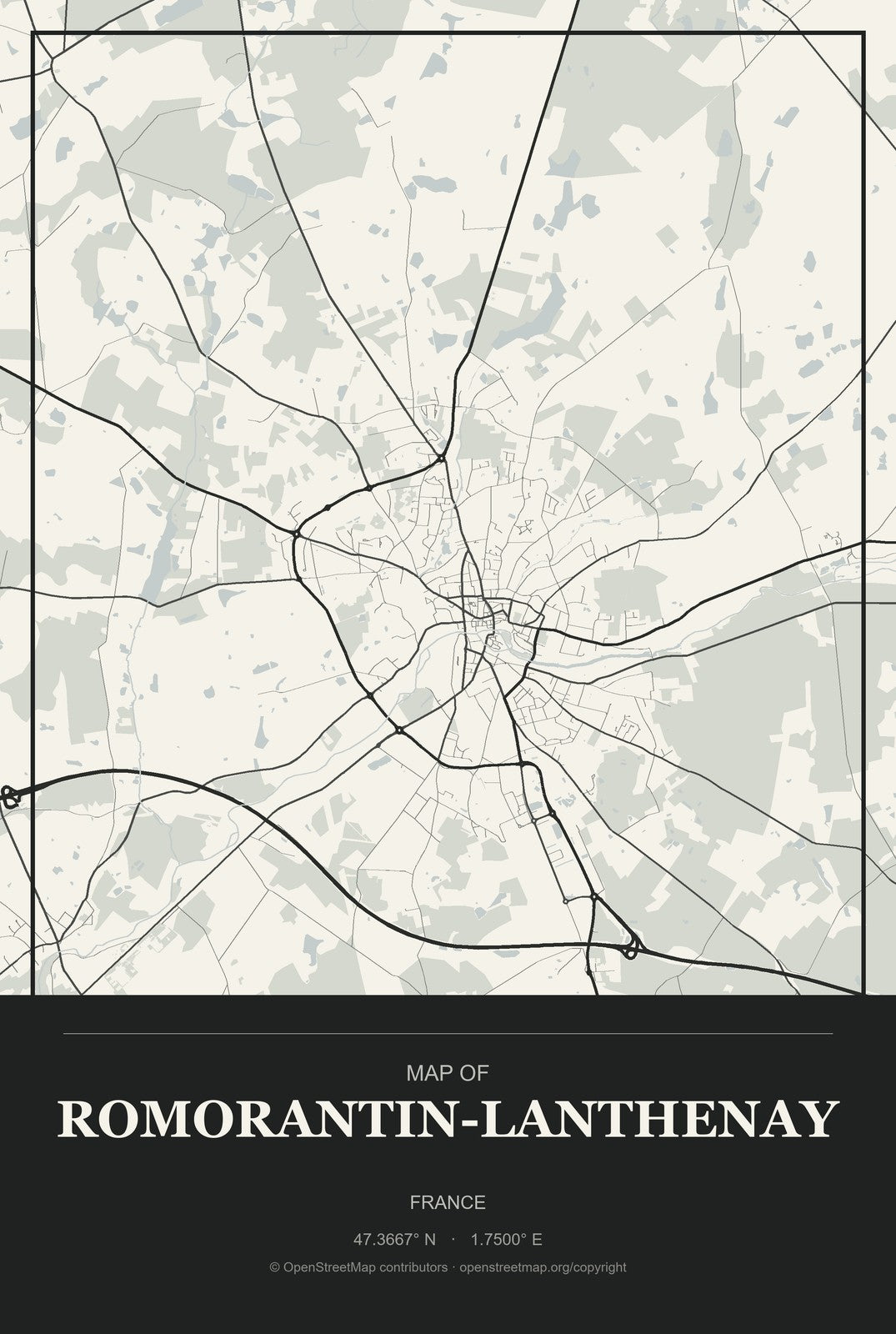 Romorantin-Lanthenay, France City Map Aluminum Sign in Museum Plaque style