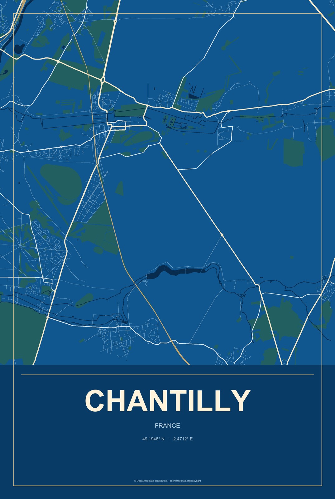 Chantilly, France City Map Aluminum Sign in Harbor Cobalt style