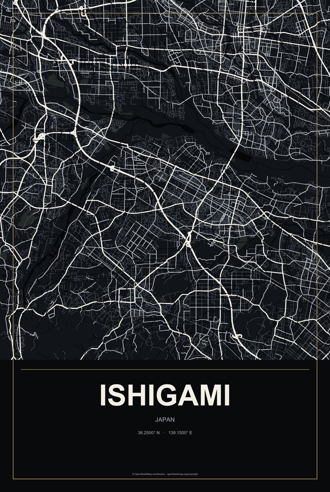 Ishigami, Japan City Map Aluminum Sign in Metropolitan Noir style