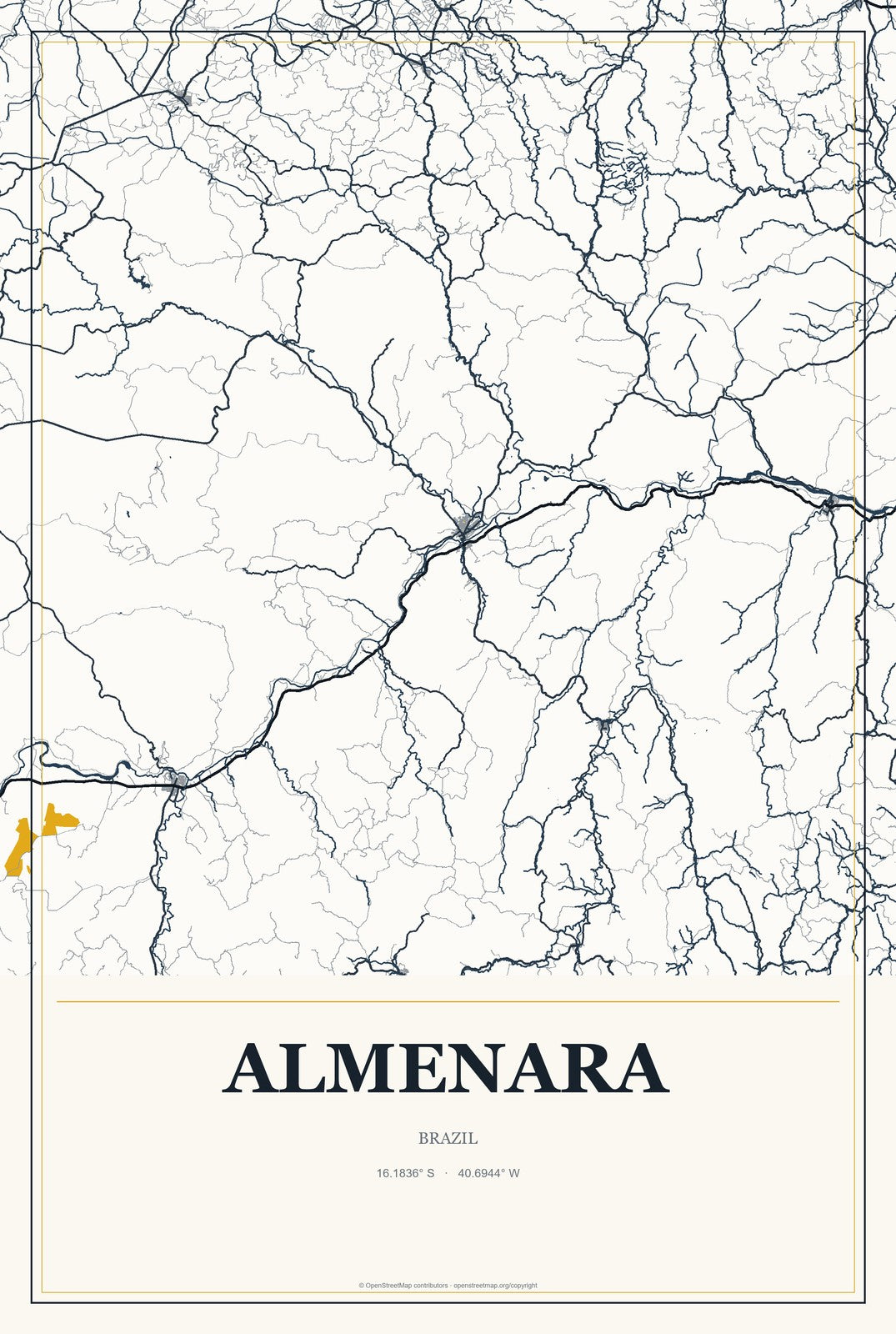 Almenara, Brazil City Map Aluminum Sign in Citrine Modern style