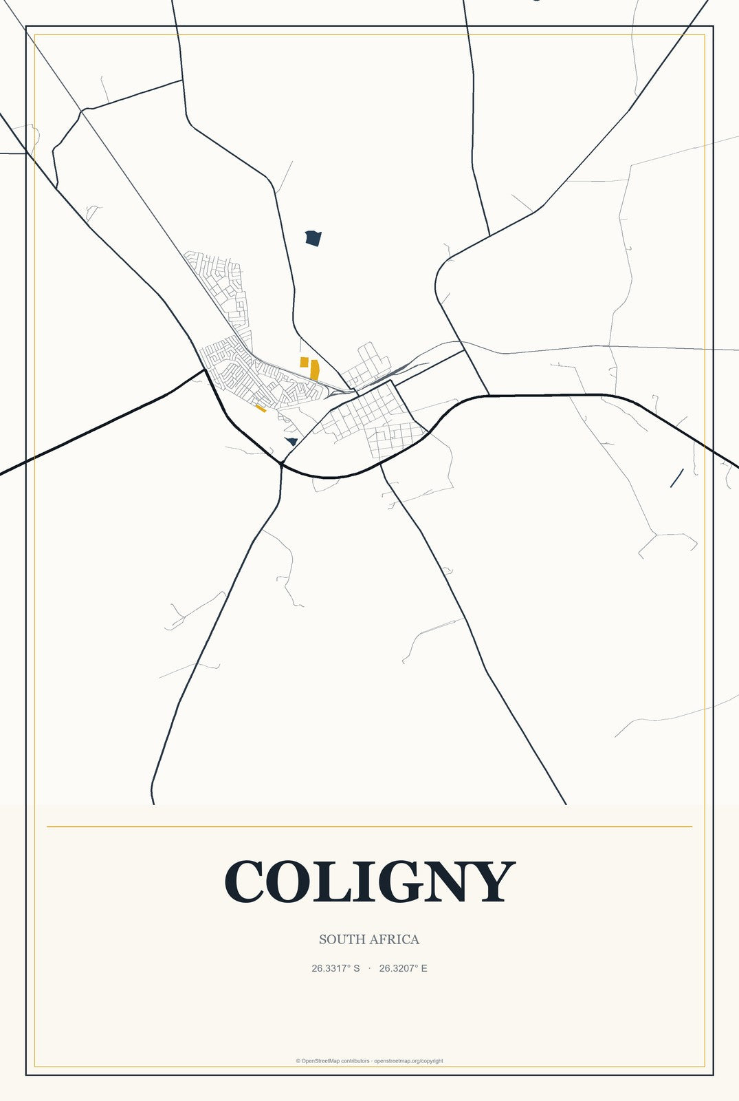 Coligny, South Africa City Map Aluminum Sign in Citrine Modern style