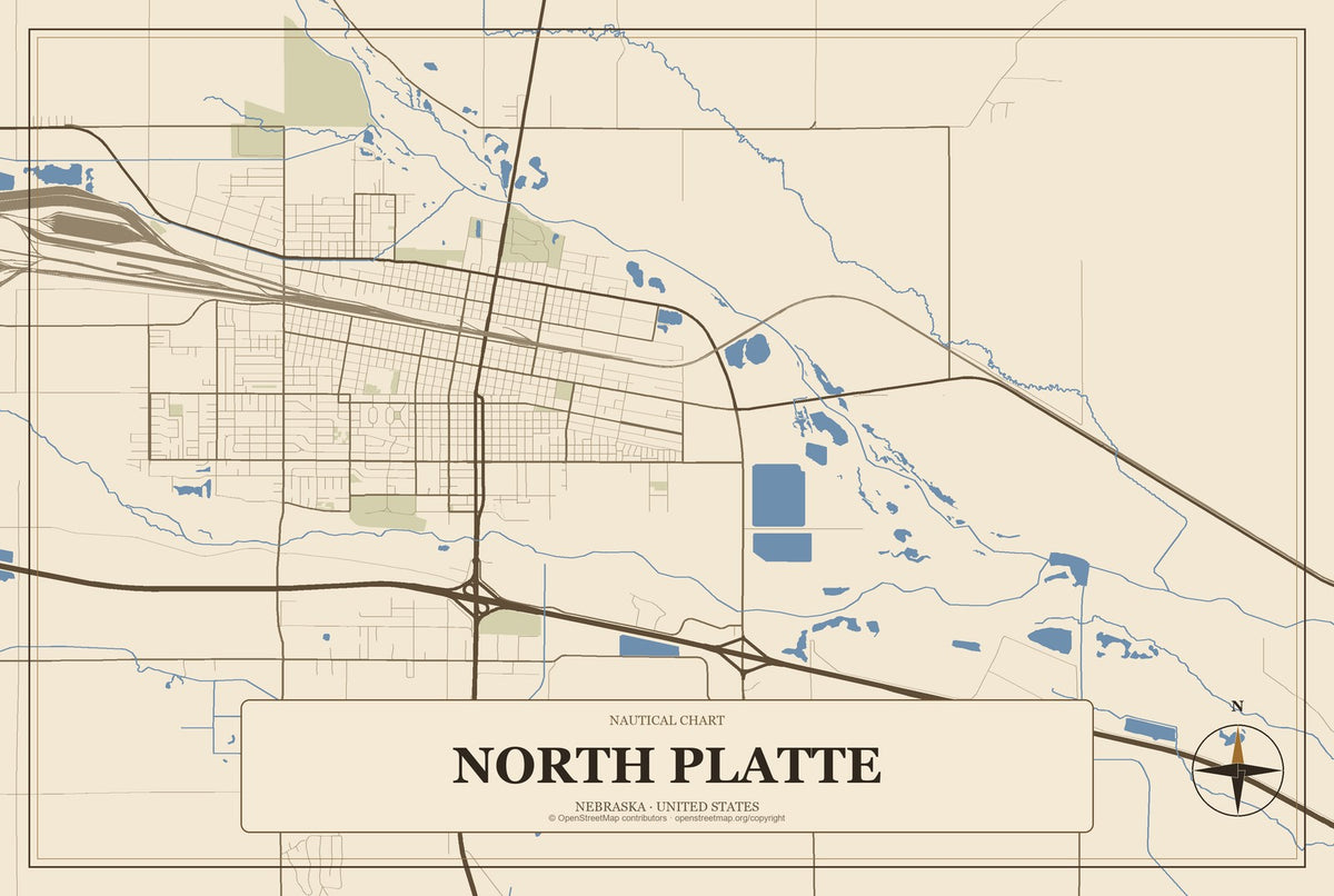 North Platte, Nebraska City Map Aluminum Sign in Heritage Nautical style
