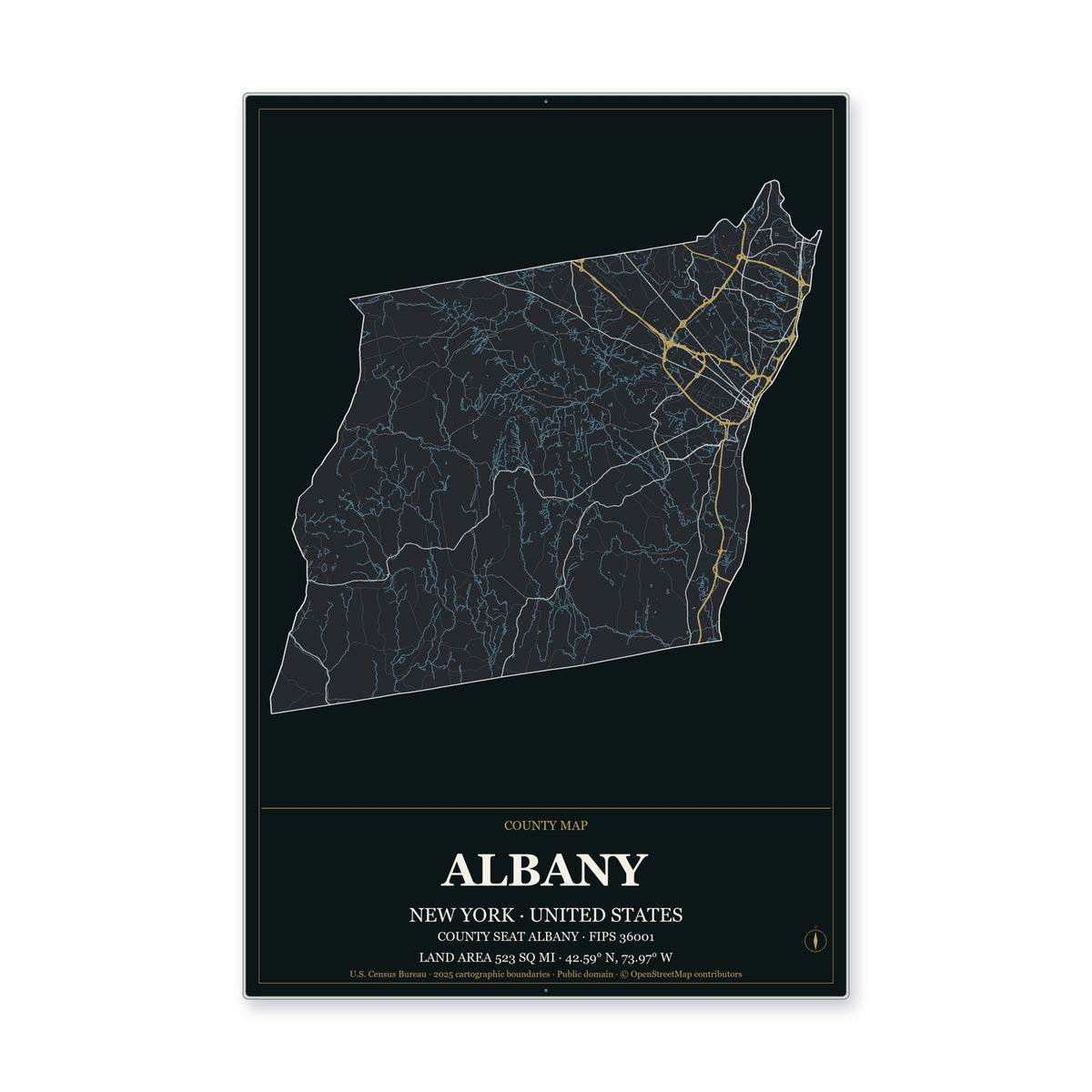 Albany County, New York Map Aluminum Sign in Metropolitan Noir style