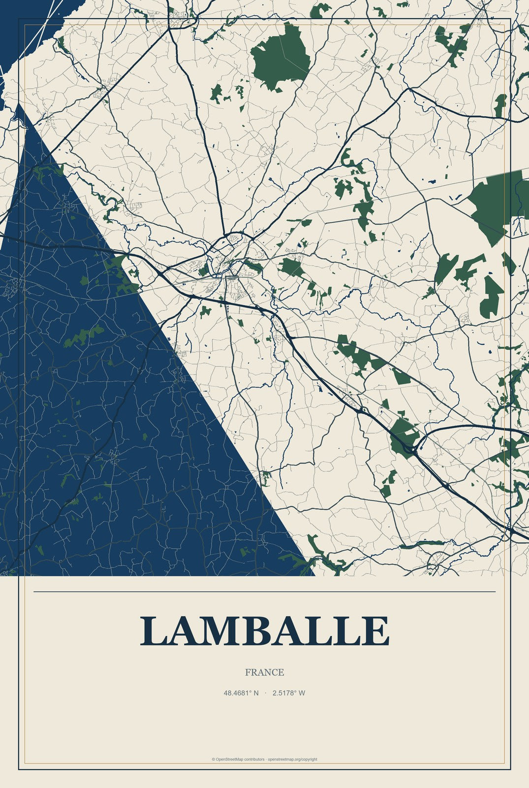 Lamballe, France City Map Aluminum Sign in Coastal Cutout style