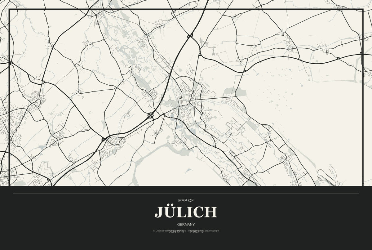 Jülich, Germany City Map Aluminum Sign in Museum Plaque style
