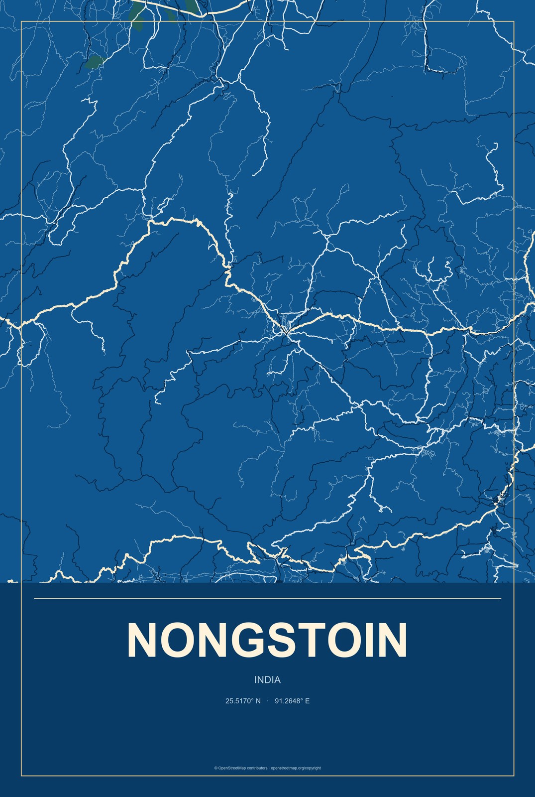 Nongstoin, India City Map Aluminum Sign in Harbor Cobalt style