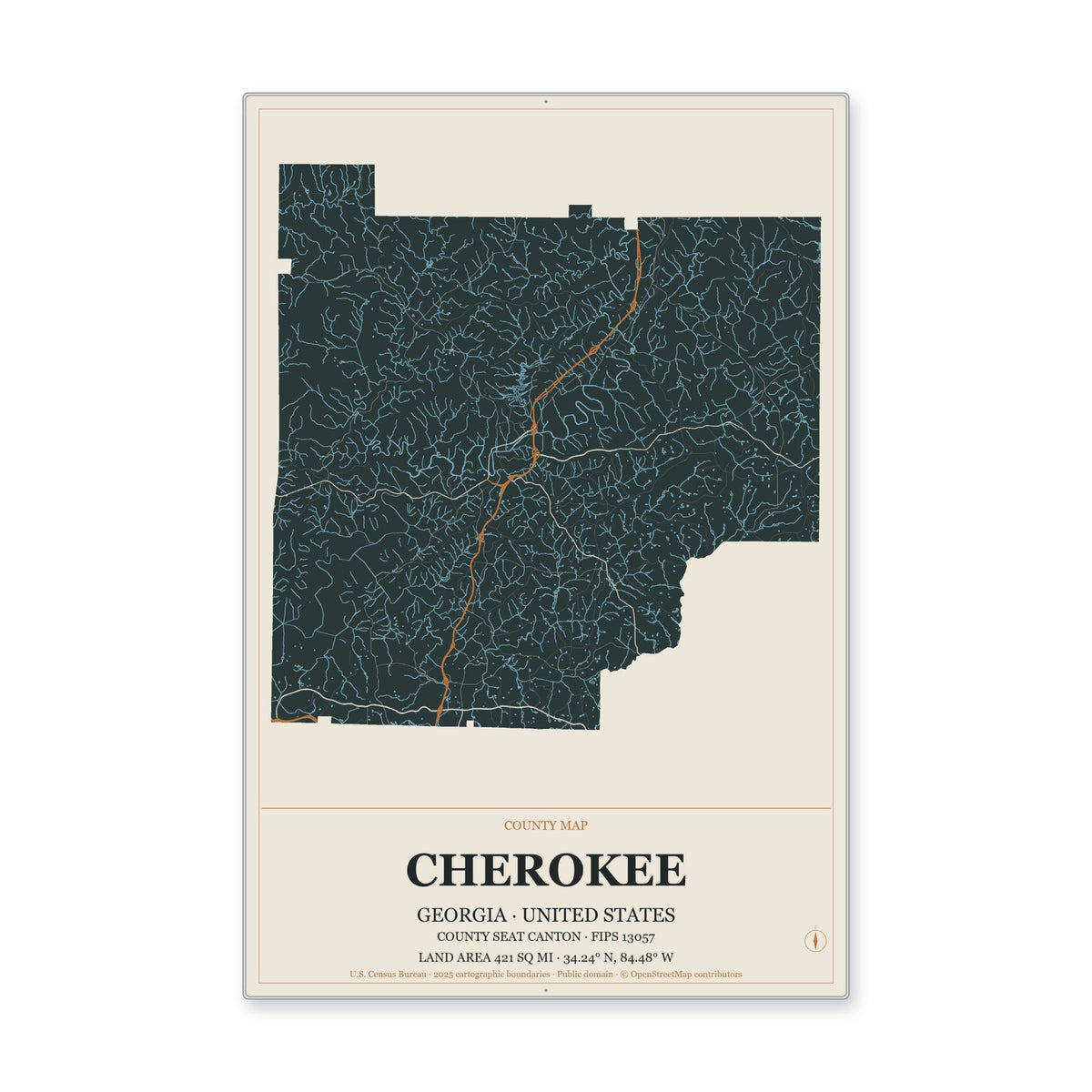 Cherokee County, Georgia Map Aluminum Sign in Headline Atlas style