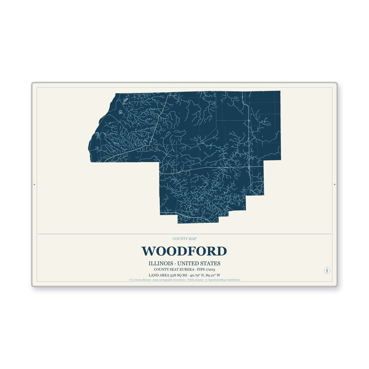 Woodford County, Illinois Map Aluminum Sign in Coastal Cutout style