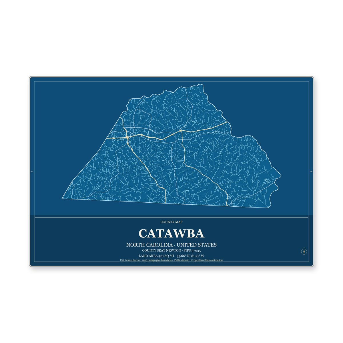 Catawba County, North Carolina Map Aluminum Sign in Harbor Cobalt style