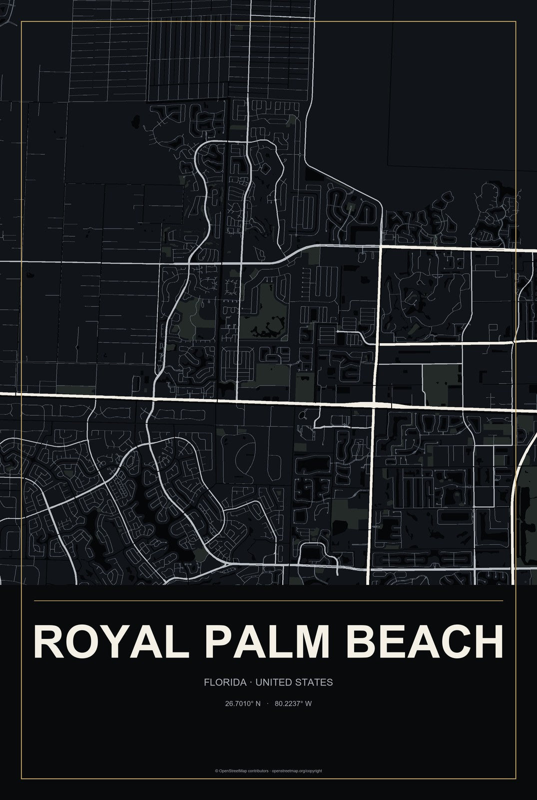 Royal Palm Beach, Florida City Map Aluminum Sign in Metropolitan Noir style