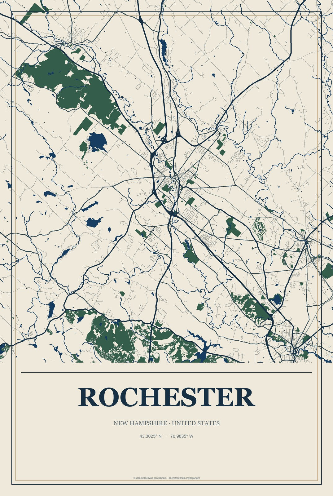 Rochester, New Hampshire City Map Aluminum Sign in Coastal Cutout style