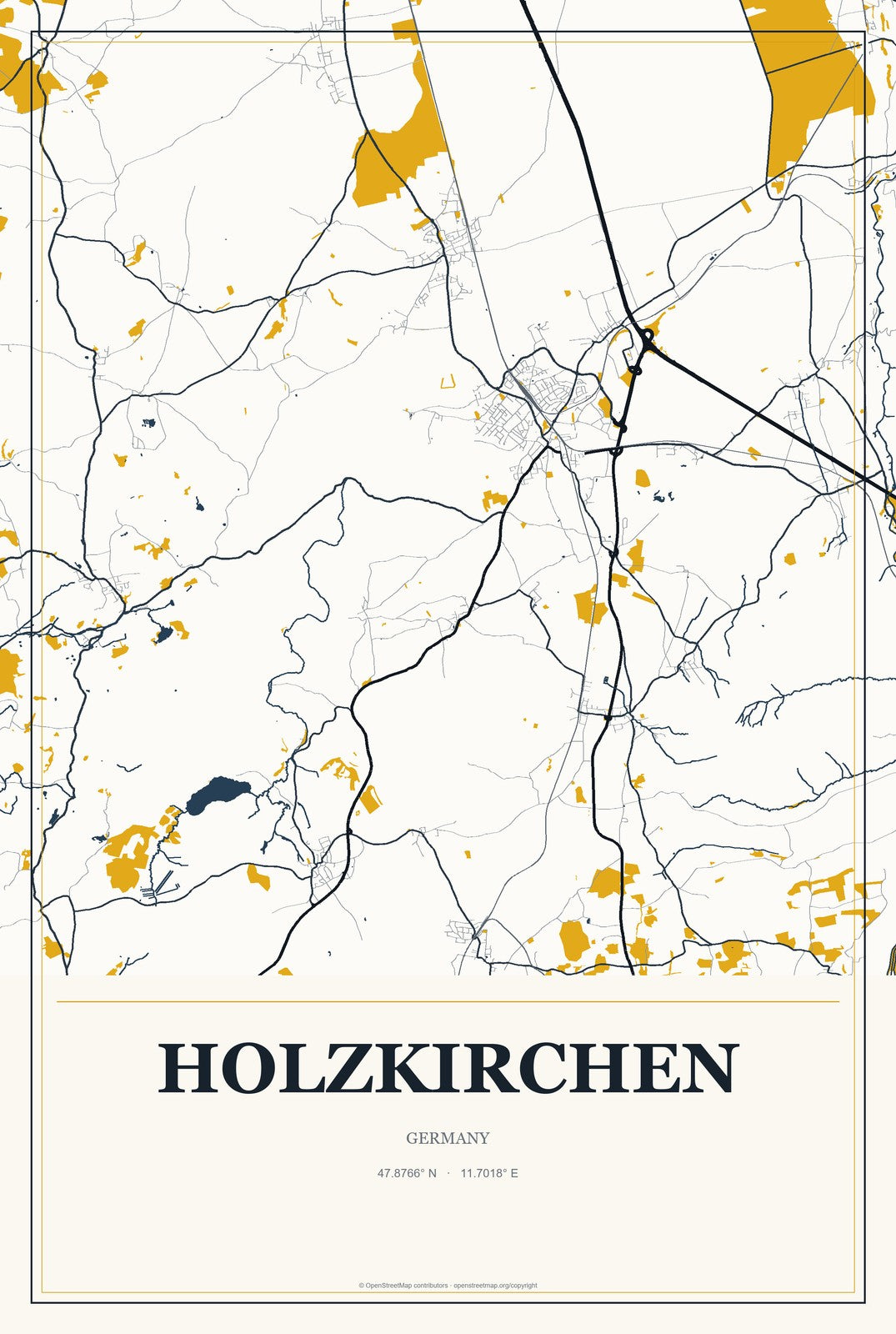Holzkirchen, Germany City Map Aluminum Sign in Citrine Modern style