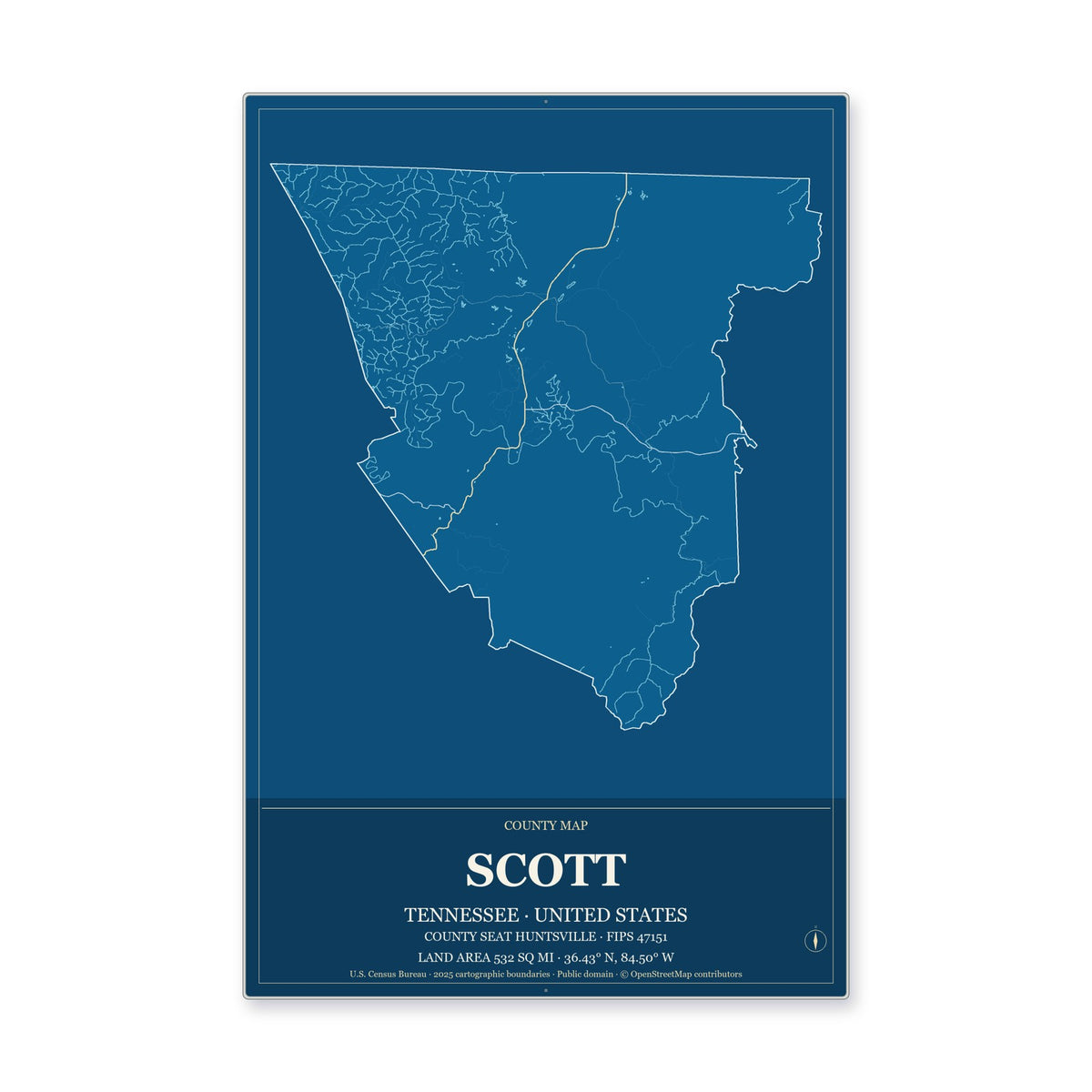 Scott County, Tennessee Map Aluminum Sign in Harbor Cobalt style