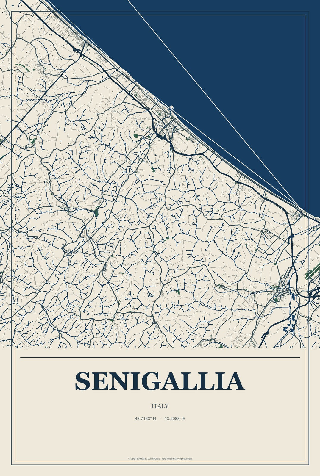 Senigallia, Italy City Map Aluminum Sign in Coastal Cutout style