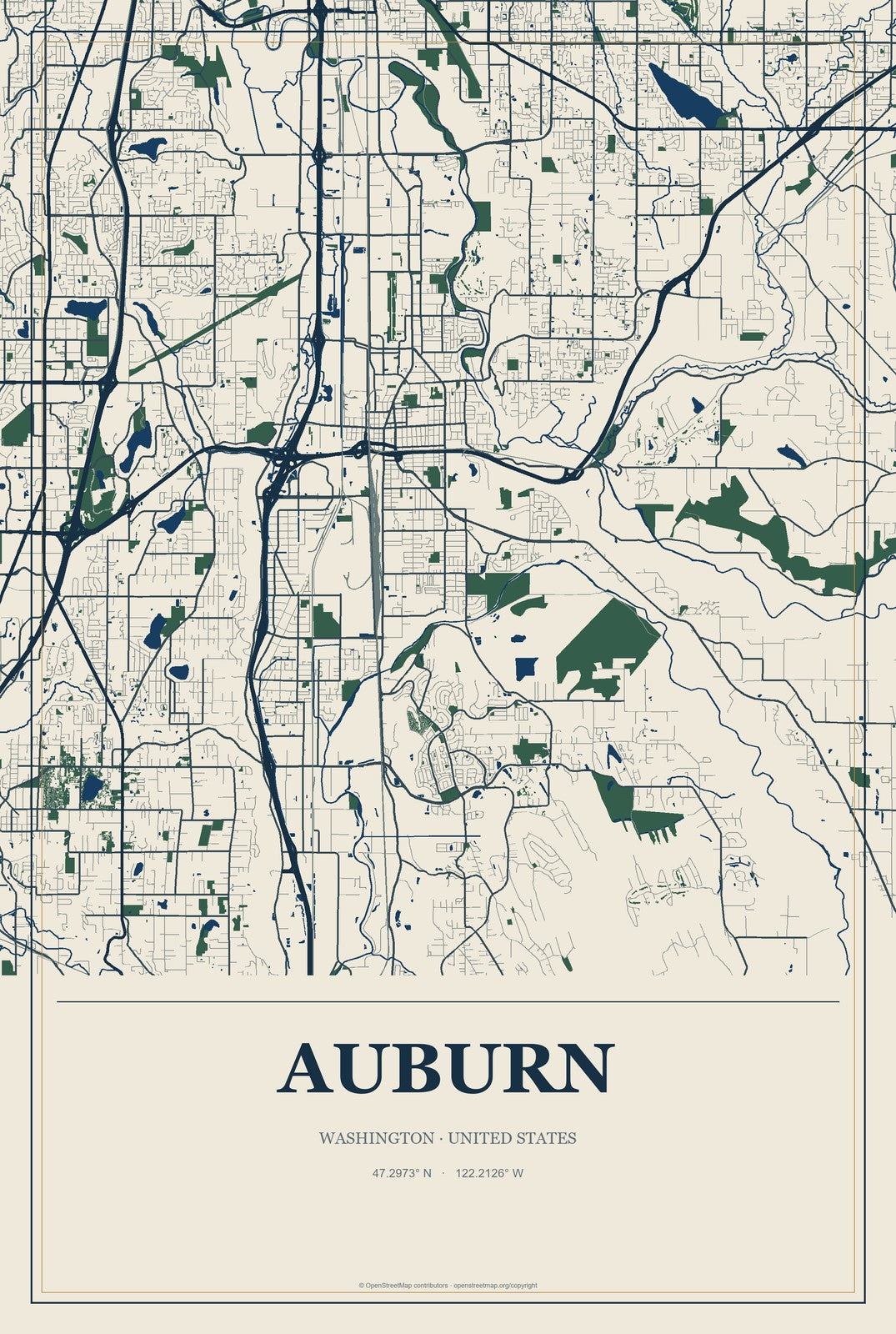Auburn, Washington City Map Aluminum Sign in Coastal Cutout style