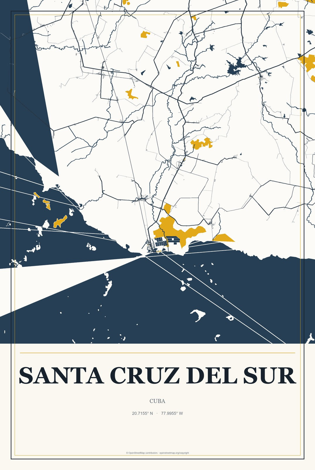 Santa Cruz del Sur, Cuba City Map Aluminum Sign in Citrine Modern style