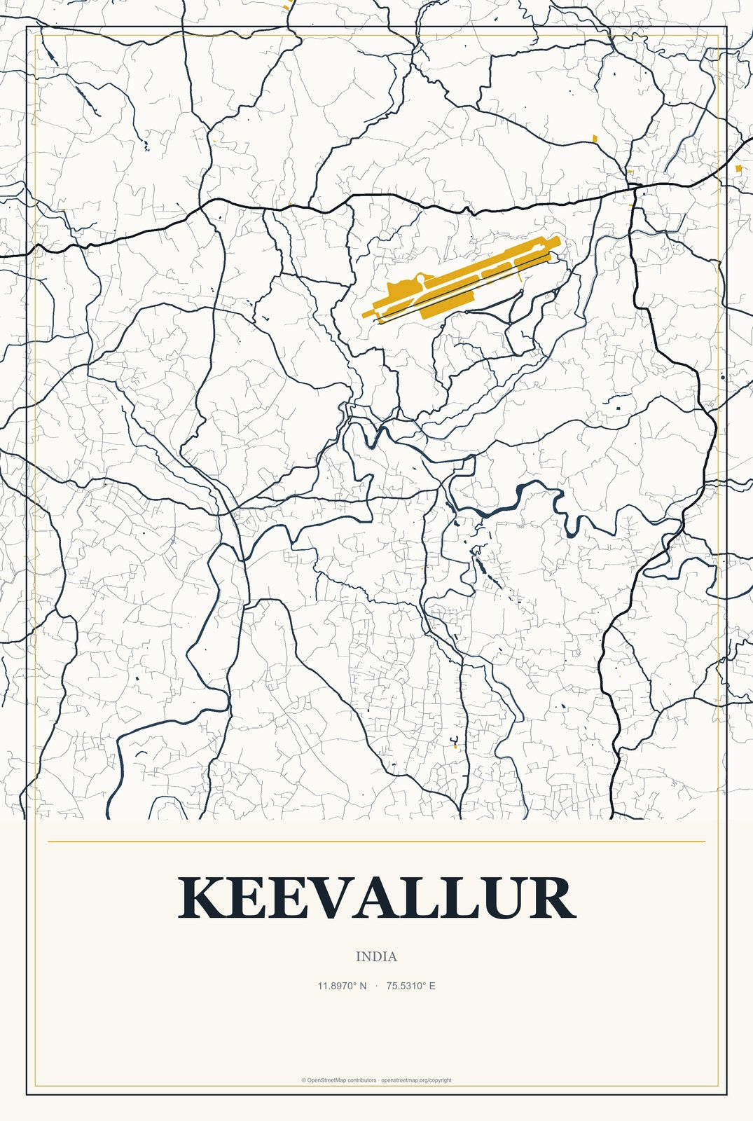 Keevallur, India City Map Aluminum Sign in Citrine Modern style