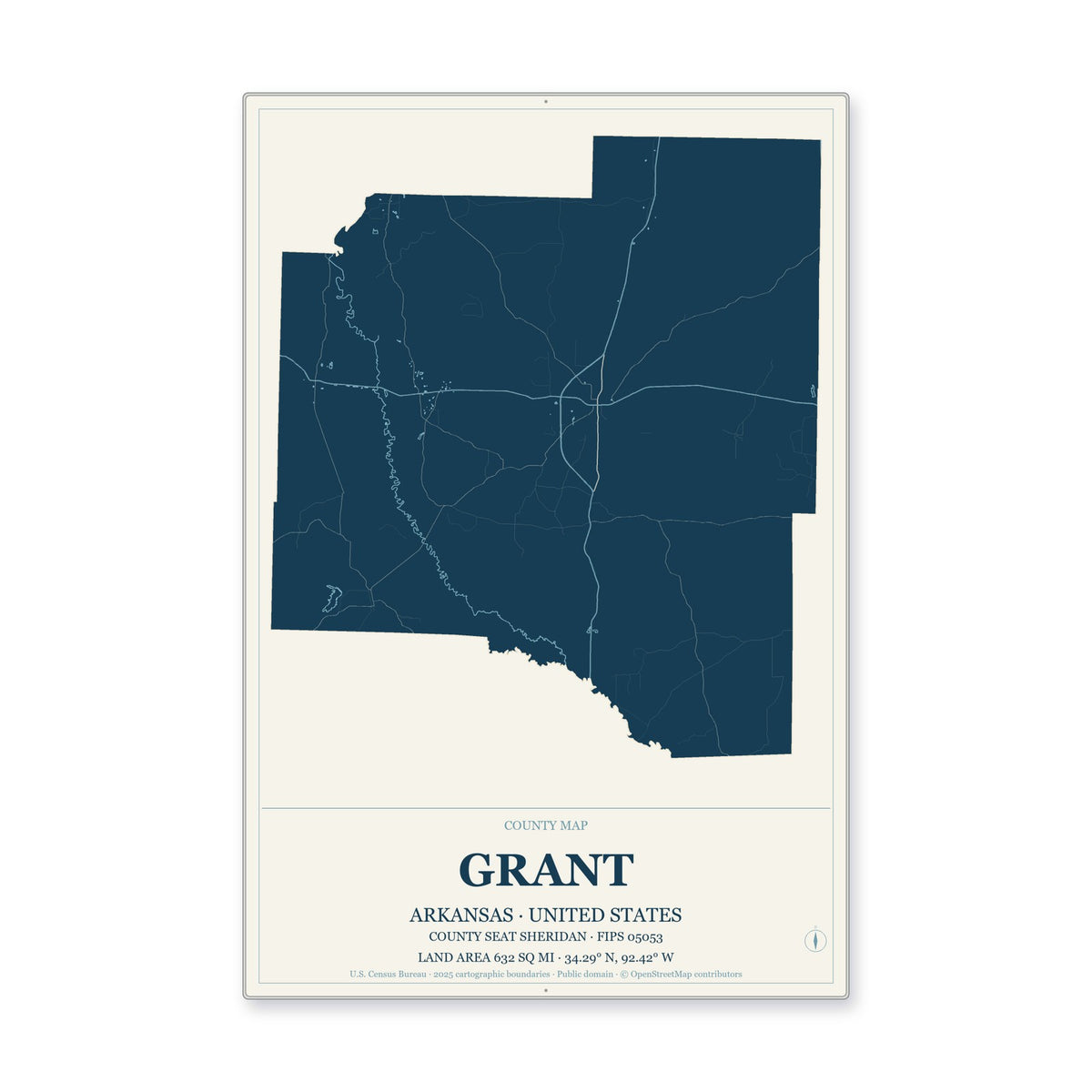 Grant County, Arkansas Map Aluminum Sign in Coastal Cutout style