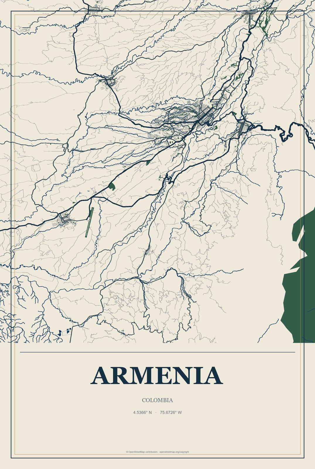 Armenia, Colombia City Map Aluminum Sign in Coastal Cutout style