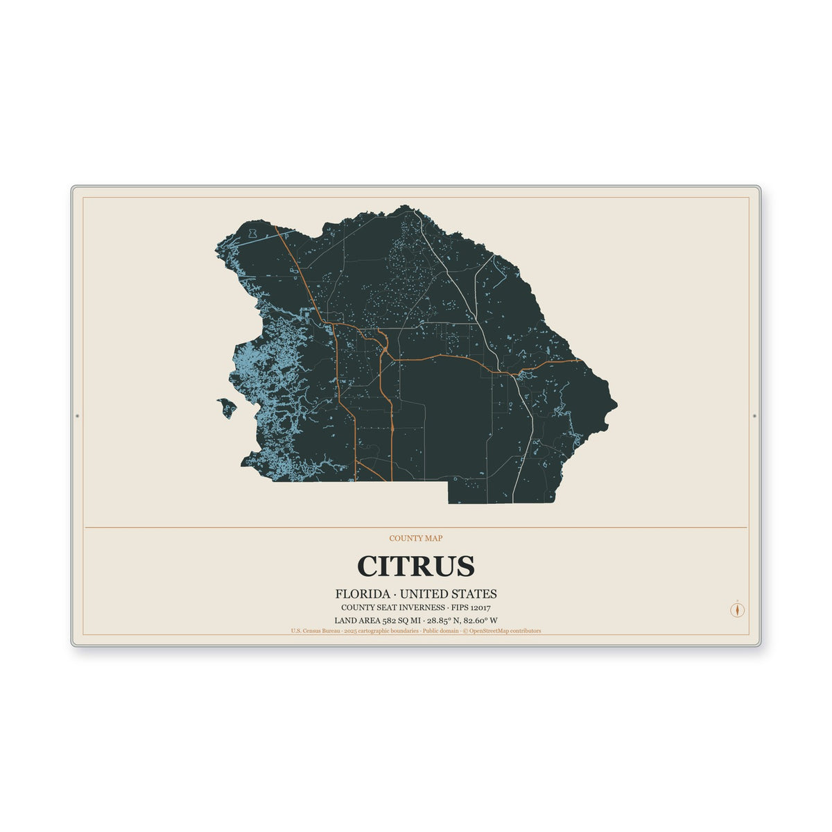 Citrus County, Florida Map Aluminum Sign in Headline Atlas style