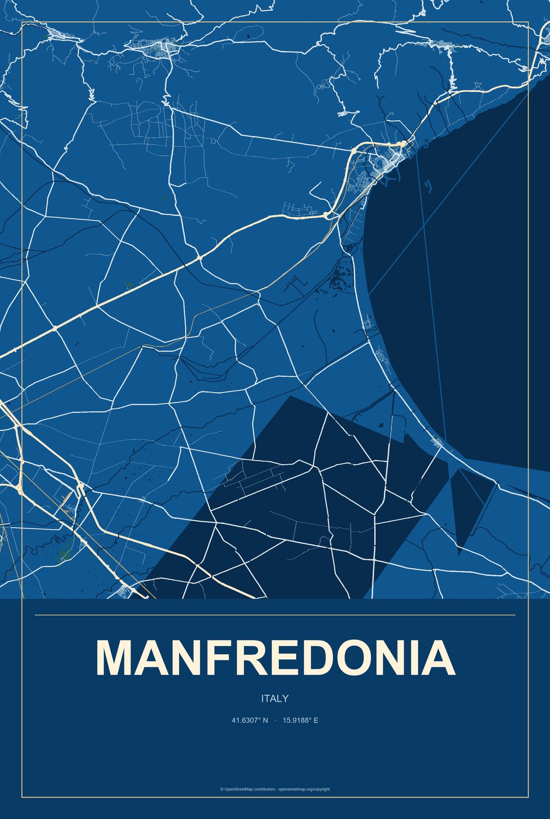 Manfredonia, Italy City Map Aluminum Sign in Harbor Cobalt style