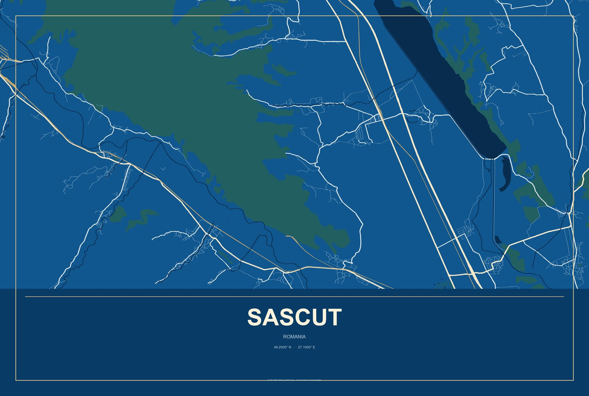 Sascut, Romania City Map Aluminum Sign in Harbor Cobalt style