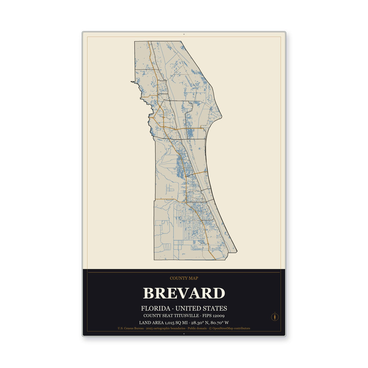 Brevard County, Florida Map Aluminum Sign in Museum Plaque style