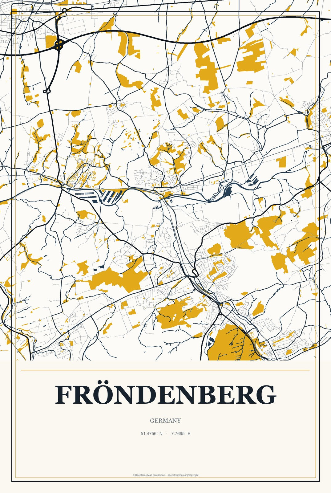 Fröndenberg, Germany City Map Aluminum Sign in Citrine Modern style